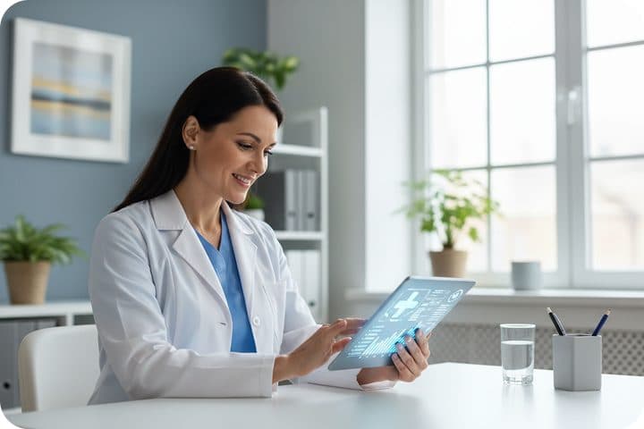 A clinician reviewing care information on a tablet